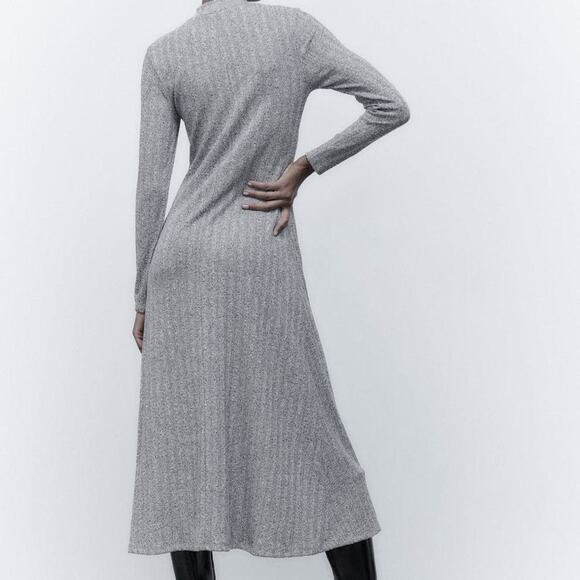 Zara Gray Marl Knit Midi Dress Long Sleeve Mock Neck A-Line Ribbed Jersey - Picture 4 of 11